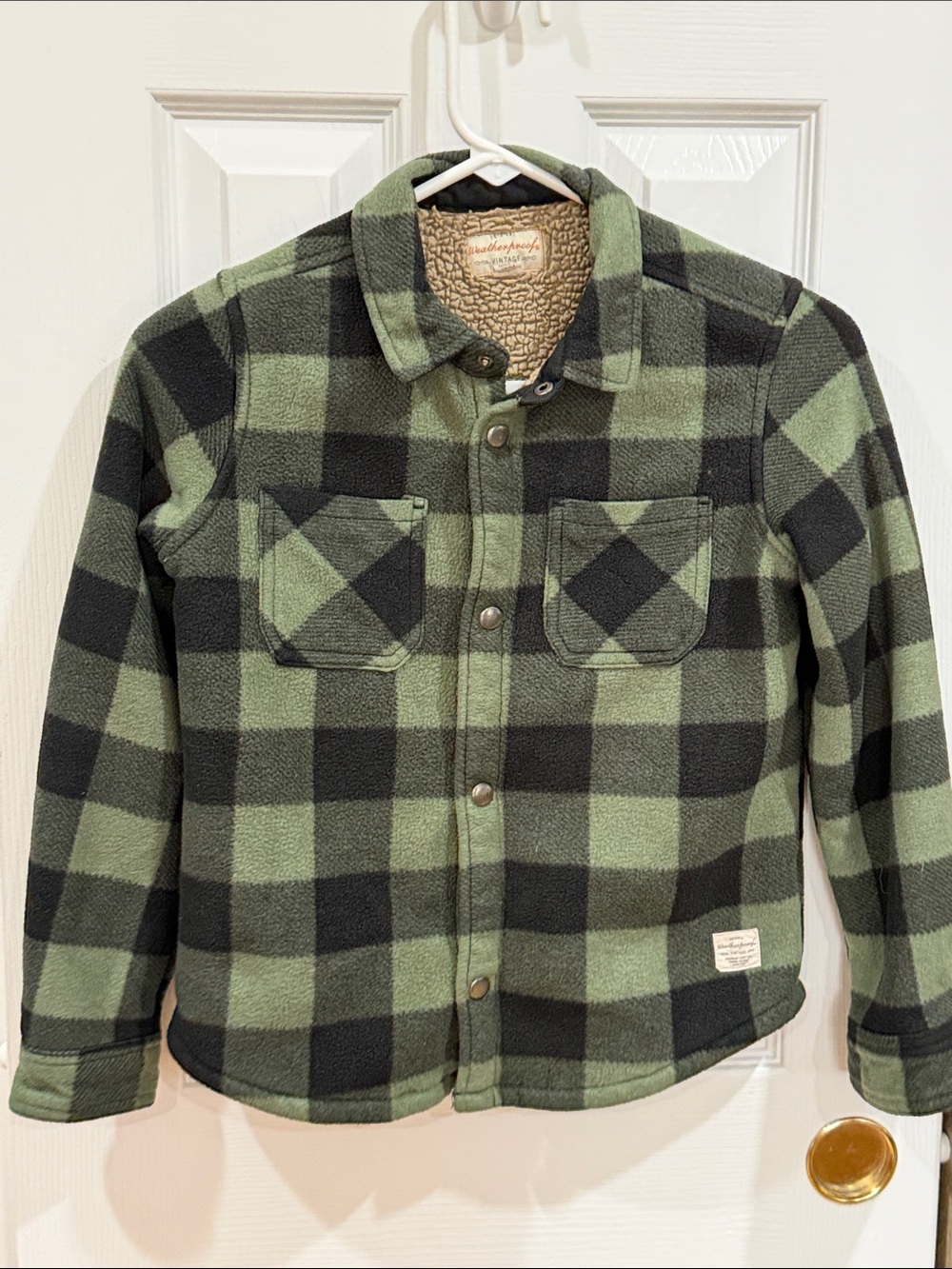 Weatherproof Vintage Green & Black Plaid Fleece Shirt Jacket size small 7/8